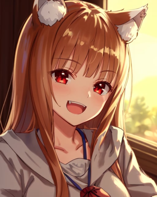 <lora:holoLoconV0:0.9>, (masterpiece),(best quality), holo doujin, 1girl, wolf girl, (smug), smile, open mouth,  confident,  4k, 8k UHD, cinematic lighting