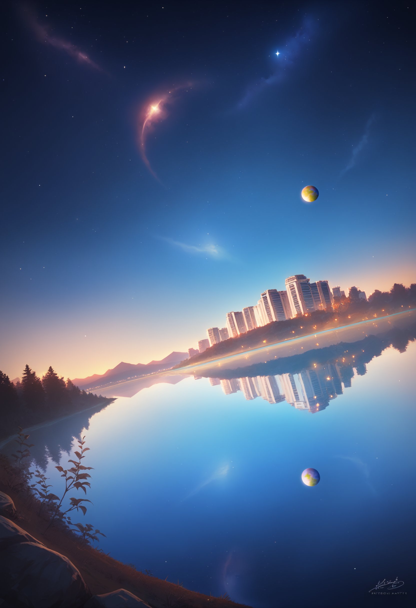 score_9, score_8_up, BREAKscenery, landscape, no humans, starry sky, planet, building, water, blue sky, space, outdoors, reflection, earth (planet), lake, star (sky), dutch angle, nature, city, sky