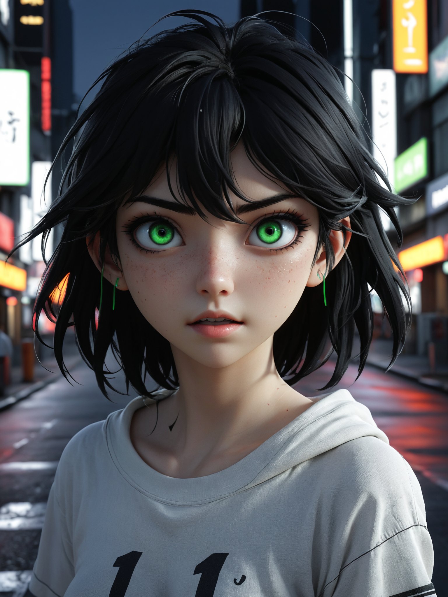 flat color, dark theme, sinozick style, 1girl, hyuuga hinata, black hair,  solo,  eyebrows, looking at viewer, 43stl1ght1ng, low light, dramatic lighting, darkness, , eye lighting, neon,, spotlight,, green light, source_anime, scar on face, pupils, white eyes, sketch,  city, simple background,  pale skin,, score_9, score_8_up, score_7_up, epic action, Unreal Engine, cinematic award winning artwork, many details, extreme detailed, full of details,Wide range of colors., dramatic, Dynamic,Cinematic,Sharp details, Insane quality. Insane resolution. Insane details. Masterpiece. 32k resolution. casting shadow style, cucoloris patterned illumination,  dvr-lnds-sdxl, ral-dissolve, ral-ertmsphr, ral-porcelain, ral-pxlprtcl, Niji, aidma-niji