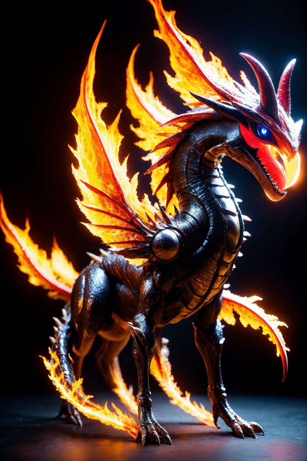 (photorealistic:1.4),(Realistic:1.2), no humans, sharp teeth, solo, pokemon \(creature\), teeth, red eyes, claws, open mouth, fire, tail, black background, simple background, horns, full body, colored sclera, wings, dragon, black sclera, monster, from side, standing, non-humanoid robot, animal focus, shadow, fangs