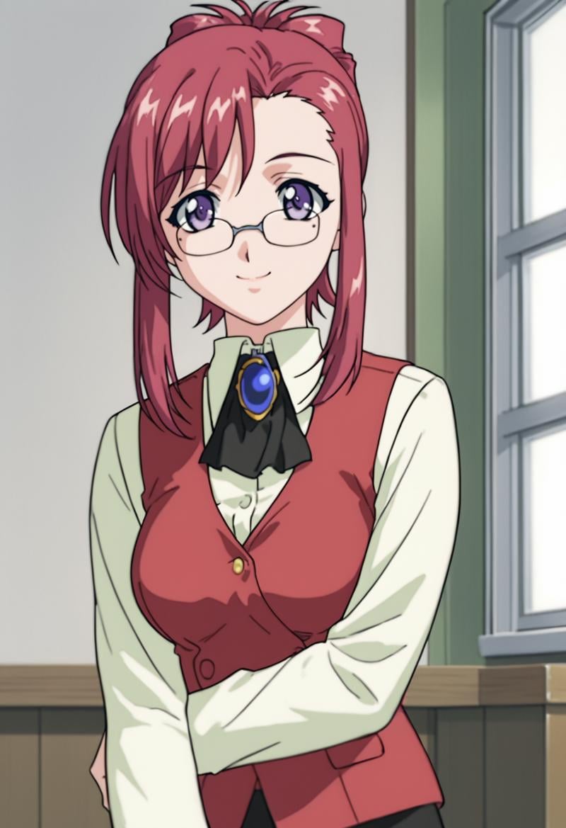 source_anime, score_9, score_8_up, score_7_up, white background,  1girl, solo, cowboy shot,   <lora:KazamiMizuho:0.8> kazami mizuho, glasses,  teacher, vest, brooch, smile, 