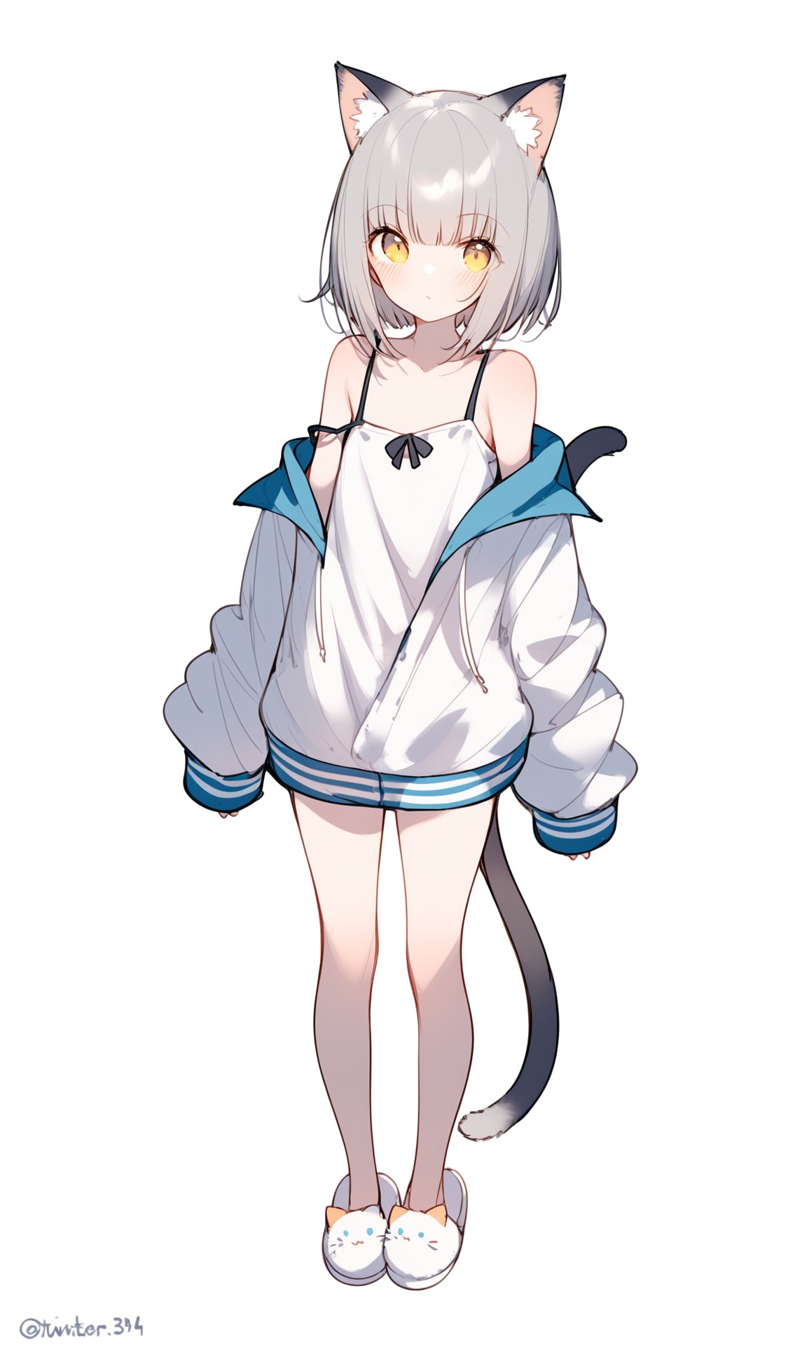 1girl,animal ears,tail,solo,yellow eyes,white background,slippers,simple background,off shoulder,full body,camisole,blush,grey hair,short hair,standing,bare shoulders,bangs,animal ear fluff,collarbone,sleeves past wrists,closed mouth,twitter username,hood,cat ears,sleeves past fingers,white footwear,long sleeves,cat tail,white jacket,cat girl,hoodie,looking at viewer,jacket,