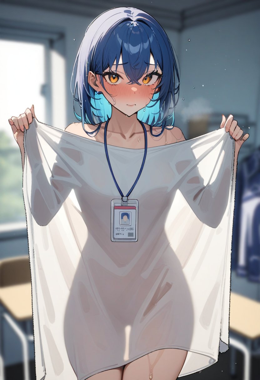 masterpiece,best quality,very aesthetic,absurdres,<lora:towl_see:1>,see-through_silhouette,towel,1girl,solo,indoors,cowboy_shot,hands_up,holding_clothes,holding_sweater,holding_towel,blue_hair,loose_hair_strand,wet_hair,collarbone,nude,highres,blurry_background,ceiling_light,classroom,closed_mouth,commentary_request,copyright_request,hair_over_eyes,id_card,lanyard,legs_together,looking_at_viewer,mole_under_mouth,nose_blush,orange_eyes,turtleneck_sweater,unworn_clothes,unworn_sweater,