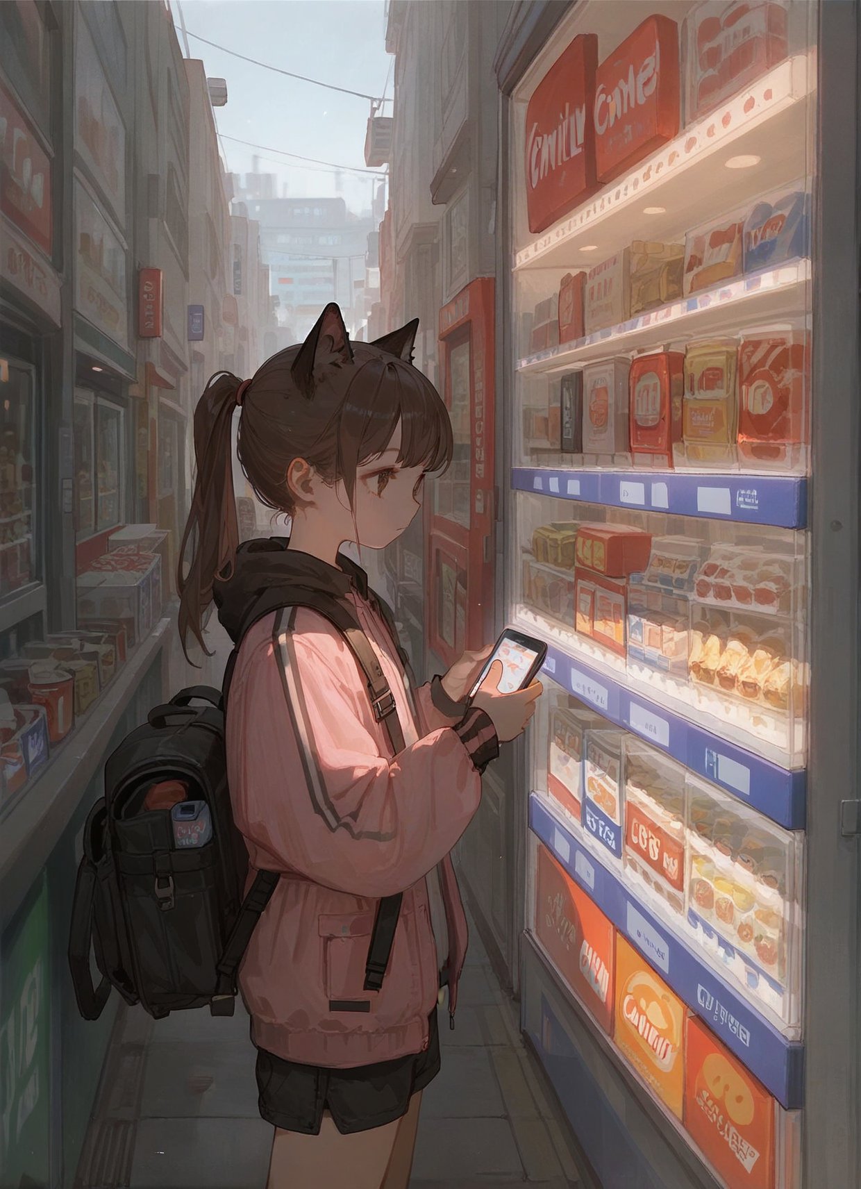 score_9,score_8_up,score_7_up,1girl, tiny little loli,animal ears, solo, ponytail, cat ears, bag, brown hair, shop, jacket, backpack, vending machine, pink jacket, phone, shorts, holding, long hair, standing, cellphone, holding phone, outdoors, from side