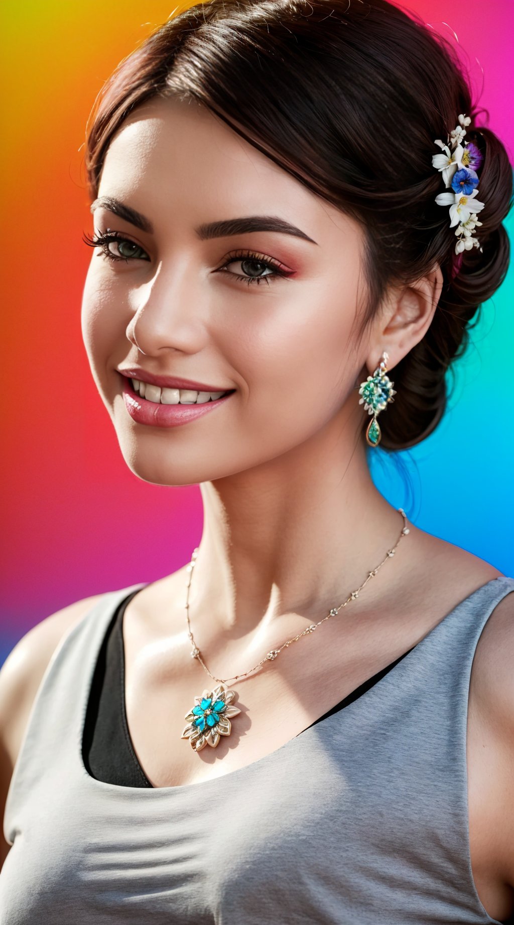 (best quality, masterpiece, ultra detailed, 8K, RAW photo), absuredres, a beautiful student model holding a sparrow, long black chignon with blunt bangs, azure outfit,grey eyes,parted greasy lips,kind smile,intricate jewelry,necklace,earrings, bliss, joyful, floral background,vibrant color, colorful,