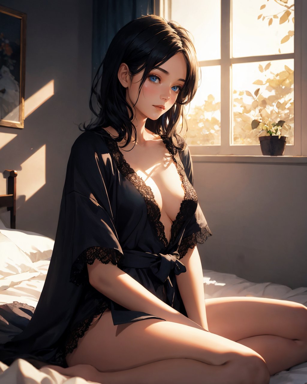 digital painting,serene girl,tousled black hair,deep blue eyes,silk robe,lace black top,morning light,golden sunlight,soft shadows,cozy bedroom,peaceful expression,dawn,warm colors,higher camera angle,soft textures,morning ambiance,hopeful mood,, ,<lora:GoodHands-vanilla:1.2>,masterpiece, best quality, no default,