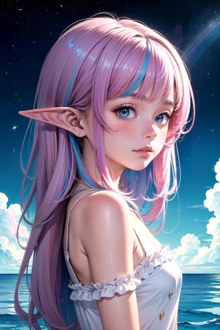 (masterpiece, top quality, best quality,watercolor (medium),official art, beautiful and aesthetic:1.2),(1girl:1.3), (fractal art:1.3),upper body, from side, looking at viewer,patterns,(rainbow color Hair,colorful hair,half blue and half pink hair:1.2),(elf ears:1.2),water,liquid, cloud,colorful, starry,stars,