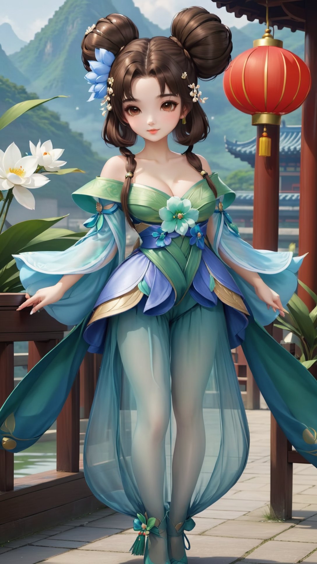 (1girl),smooth chin,masterpiece,detailed face,((hair ornament focus)),top quality,4k,make up,best quality,medium breasts,(looking at viewer),chinese clothes,hair BUN,(double bun),full boday,brown hair | blue hair flower,<lora:王者_小乔_青蛇XL_v1.0:0.68>,big hair bun,(legs),puffy pants,see-through,aged down,green dress,