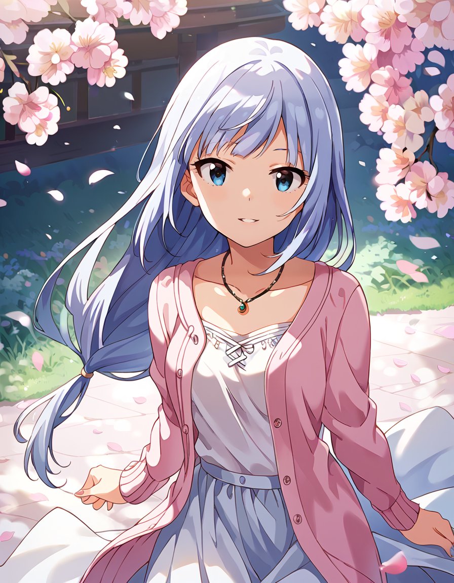 score_9, score_8_up, score_7_up, source_anime,1girl, solo, dating, looking at viewer, smile, parted lips, head tilt, outdoors, spring \(season\), sunlight, cherry blossoms, hanami, petals, wind, <lora:ShiraishiTumugi_pony_v1:0.9>sristmg, very long hair, blue hair, grey hair,  low-tied long hair, hair ornament, bangs, blue eyes, medium breasts, small breasts,casual wear, pink cardigan, collarbone, long skirt,  necklace, necklace, nail polish, 