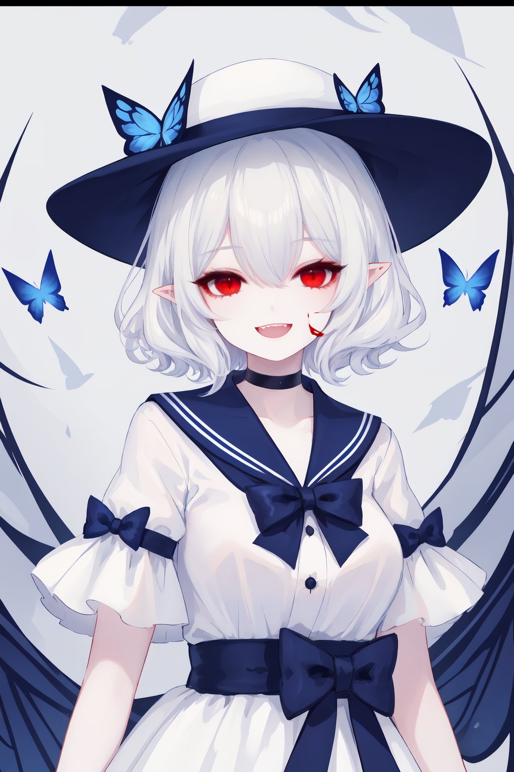 1girl, red eyes, wings, hat, solo, butterfly, bug, bow, choker, blue butterfly, flower, blue flower, white headwear, white hair, looking at viewer, rose, pointy ears, open mouth, hair between eyes, blue rose, smile, upper body, horns, black choker, blue bow, letterboxed, bangs, signature, red nails, blood, :d, sailor collar, fang, hat bow, short hair, shirt, thorns, red wings, sun hat, white shirt, fangs