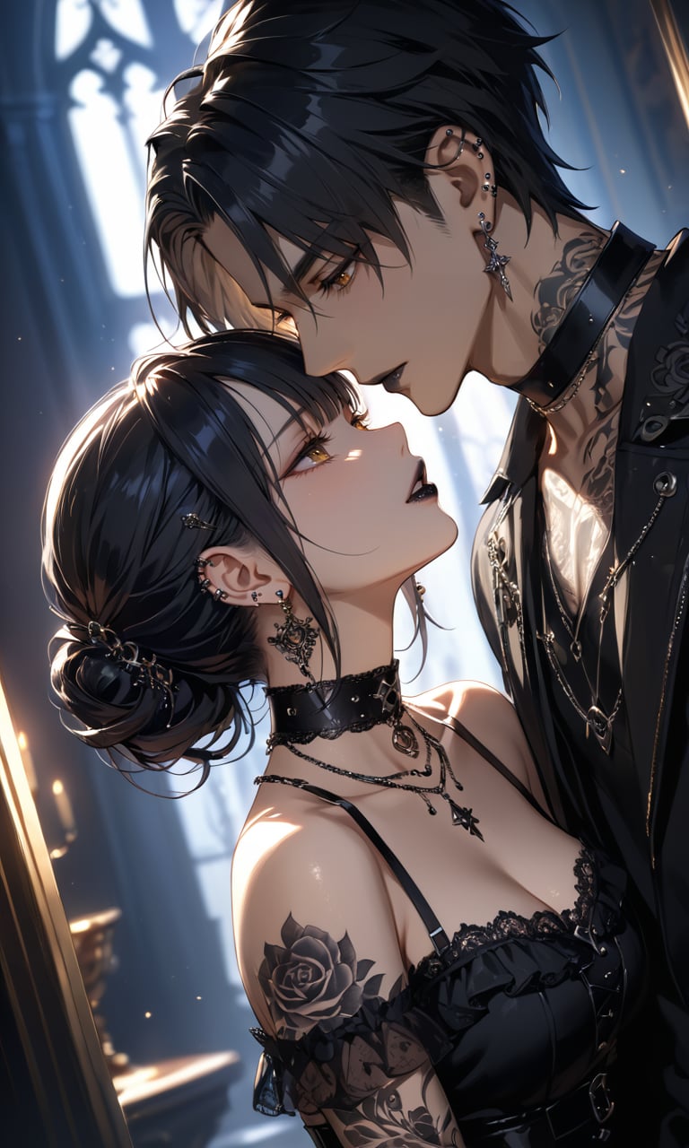 (Depth of field, hdr, 8k wallpaper, cinematic angle, cinematic lighting,:1.1) (masterpiece, best quality:1.45), 1boy, 1girl, gothic couple, black hair, golden eyes, tattoos, tattoo, piercings, gothic fashion, black clothing, choker necklace, dark lipstick, intimate pose, romantic atmosphere, soft lighting, girl whispering to boy, detailed jewelry, rings, earrings, moody lighting, soft shadows, gothic romance