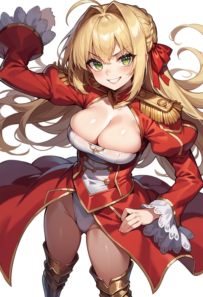 score_9, score_8_up, score_7_up, source_anime, mlneroog, ahoge, blonde hair, epaulettes,  intakes, hair ribbon, juliet sleeves, leotard under clothes, long sleeves, red dress, cleavage cut out, greaves, cleavage, red ribbon, white leotard, <lora:NeroClaudiuspdxl:0.8>, smile,  very long hair,  french braid, smug smile, green eyes