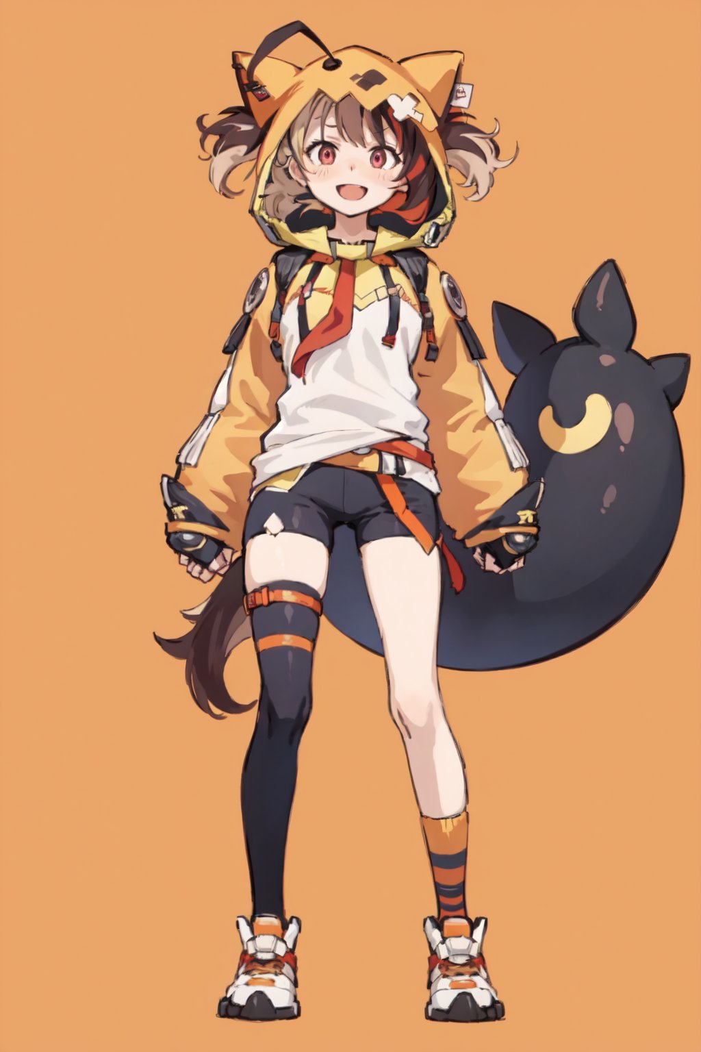 gigimurin, 1girl, solo, blush, smile, open mouth, brown hair, twintails, ahoge, multicolored hair, hood, hood up, animal hood, short twintails, tied hair, red eyes, orange jacket, hoodie, zipper, fan, belt, orange belt, yellow belt, yellow jacket, white jacket, bike shorts, asymmetrical legwear, striped legwear, orange legwear, black legwear, white footwear, red footwear, orange claws, tail, black tail, red scarf, red hood, sidelocks, black gloves, full body, claw footwear, best quality, masterpiece, <lora:GigiMurin v1.0:0.8>, 