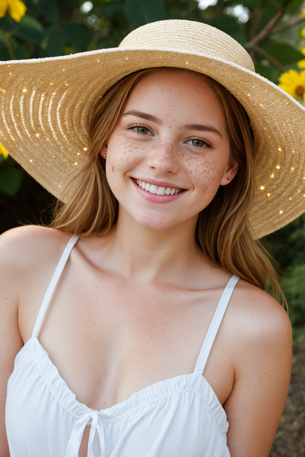 a realistic photo of a girl with freckles smiling in a sunhat, afterglow lighting