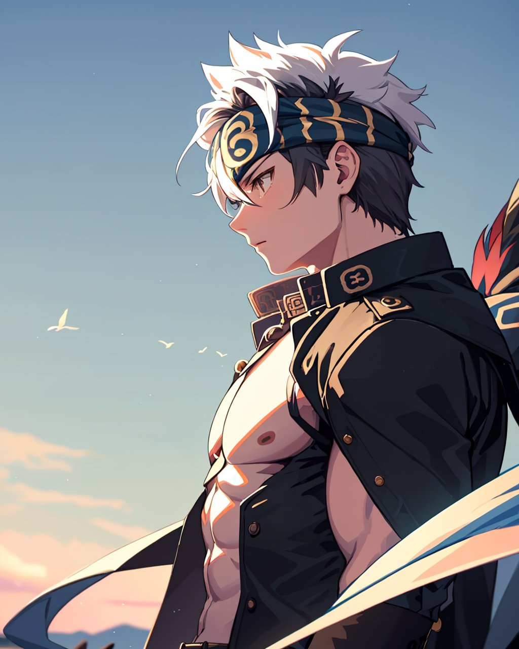 masterpiece,best quality, highly detailed, horkeu kamui,1boy, solo, muscular male, jacket on shoulders, bara, headband, ainu clothes, large pectorals, revealing clothes, from side, upper body, wind, bare pectorals,<lora:horkeu_kamui:1>