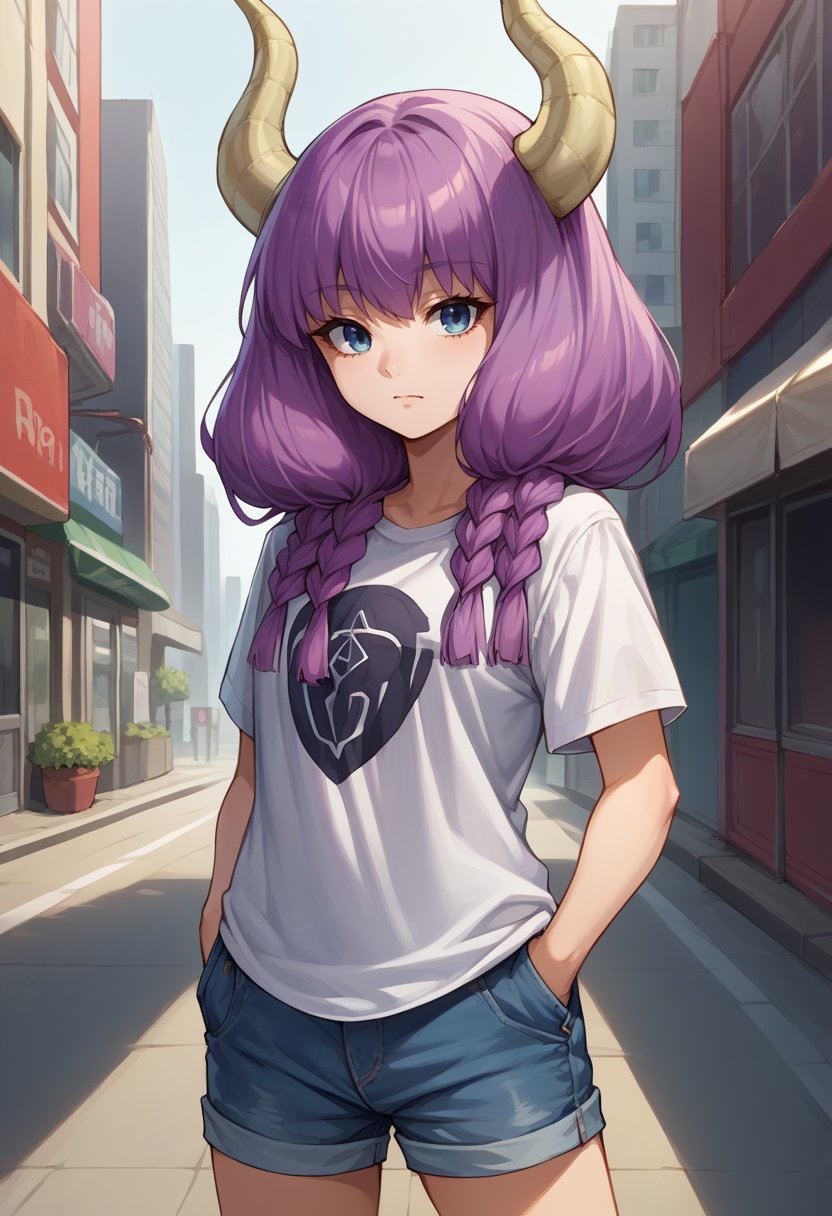 score_9, score_8_up, source_anime, 1girl, solo, AuraFrieren, purple hair, blue eyes, horns, long hair, twin braids, t-shirt, denim shorts, standing, outdoors, city, hands in pockets, <lora:ChamAuraPonyXL:1>