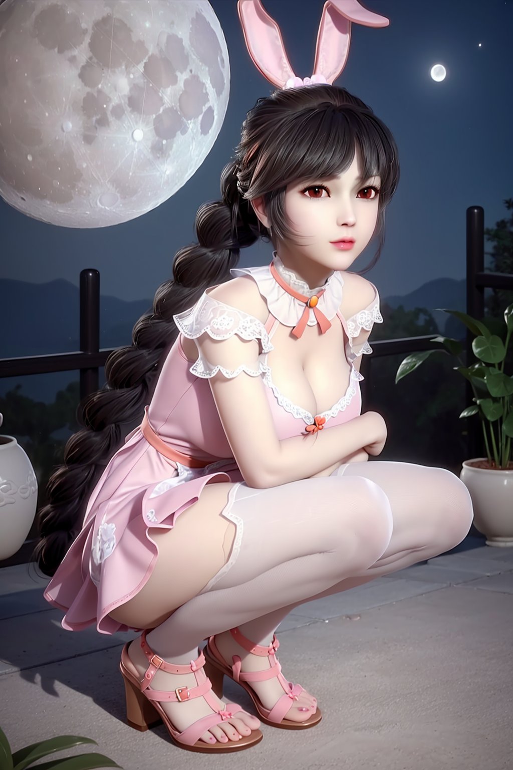 squatting, legs_apart, (arms_behind_head), dress, chinese_clothes, barefoot, looking_at_viewer, (scenery,  east_asian_architecture, full_moon, moon, night,  moonlight,  night_sky,  sky,  potted_plant,  plant),1girl, solo, (animal_ears, rabbit_ears), carrot,  (brown_hair, black_hair), long_hair, hair_ornament, braid, jewelry, (dress, pink_dress),(breasts, medium_breasts, cleavage), (white_legwear), thighhighs, fingernails, nail_polish, makeup,photo_\(medium\),(8k, RAW photo, best_quality), (masterpiece:1.2),(realistic:1.2), (photorealistic:1.3),(ultra-detailed),(extremely_detailed_cg_8k_wallpaper),(crystal_texture_skin:1.3), (shiny:1.2),(shiny_skin:1.4),(extremely_delicate_and_beautiful),<lora:syqiangk_加强_重置_小舞_幼女版_C9_5.2:0.8>,