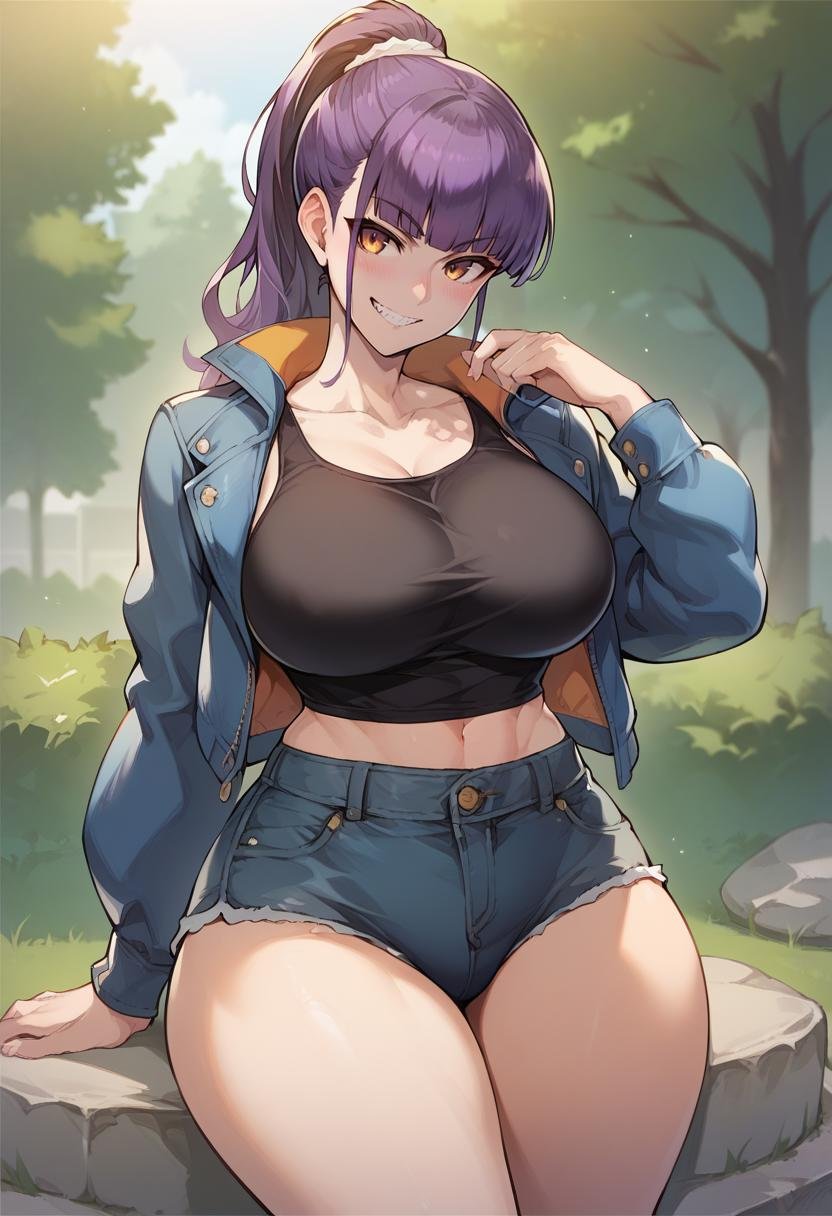 score_9, score_8_up, score_7_up, source_anime, 1girl, solo, park, amber eyes, violet hair, blue jacket, open jacket, black tank top, jean shorts, seated, on a rock, cowboy shot, grin, blush,  big breasts, wide hips, thick thighs, blunt bangs, ponytail,   <lora:Panda-Ookuma-Style-PonyXL-000048:1>