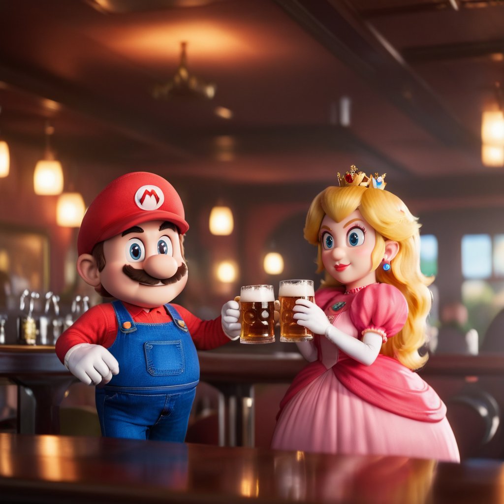 cinematic photo  mario and princess peach having a beer in a pub <lora:Mario1024-000200:0.8> . 35mm photograph, film, bokeh, professional, 4k, highly detailed