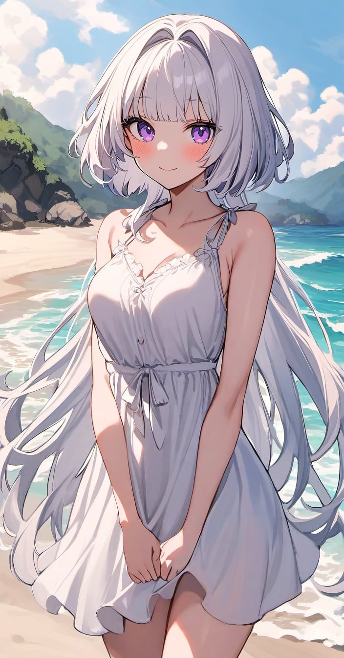 <lora:kuragecut_v1:1> ,kuragecut,1girl,solo,long_hair,very long hair,outdoors,sunny,day,beach,standing,cowboy shot, blush,smile,bangs,breasts,medium_breasts,white_hair,,purple eyes,dress, looking at viewer,bob cut,hair intakes,facing viewer