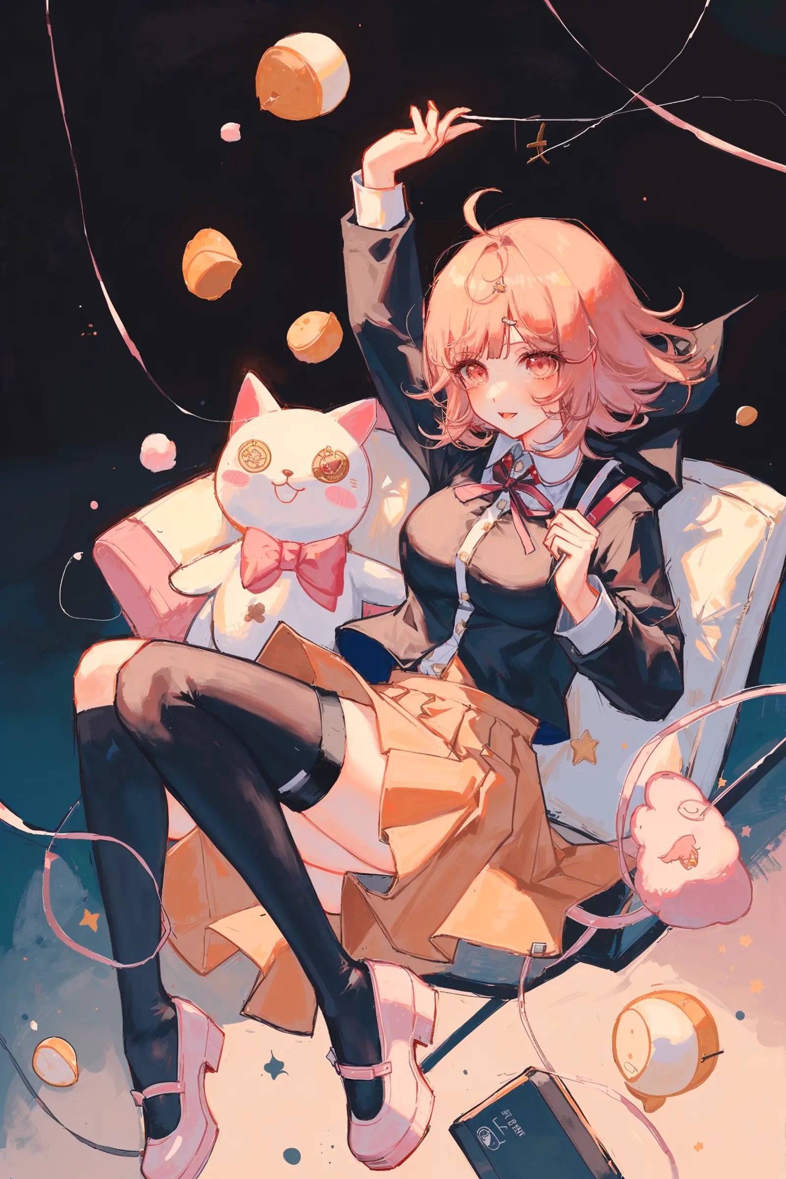 by matcha, nanami chiaki, 1girl, handheld game console, medium hair, flipped hair, pink ribbon, pink eyes, cat bag, jacket, hood, skirt, ribbon, pink footwear, animal bag, breasts, bangs, thighhighs, backpack, bag, long sleeves, pink hair, short hair, shirt, shoes, black jacket, hair ornament, black legwear, monomi \(danganronpa\), eyebrows visible through hair, smile