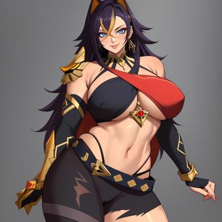 (masterpiece, best quality:1.3), DrakkaiArt, 1girl, solo, looking at viewer, wide hips, mature female, closed mouth, seductive smile, large breasts, cowboy shot, thick thighs, <lora:DrakkaiArt Style Lora:.85>, dehya \(genshin impact\), animal ears, multicolored hair, long hair, blue eyes, dark skin, jewelry, earrings, asymmetrical clothes, torn clothes, halterneck, criss-cross, halter, navel, gloves, belt, pants, single pants leg  <lora:dehya:.8>