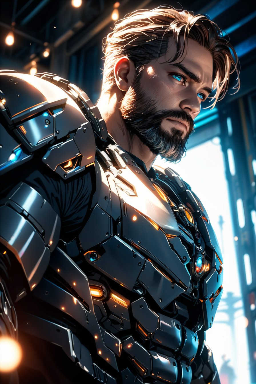 Portrait photo of muscular bearded guy in a worn mech suit, ((light bokeh)), intricate, (steel metal [rust]), elegant, sharp focus, photo by greg rutkowski, soft lighting, vibrant colors, (masterpiece), ((streets)), (detailed face:1.2), (glowing blue eyes:1.1) (Depth of field hdr 8k 4k wallpaper cinematic angle, cinematic lighting,:1.1) (masterpiece, best quality:1.75), (Depth of field hdr 8k 4k wallpaper cinematic angle, cinematic lighting,:1.5) (masterpiece, best quality:2.0)