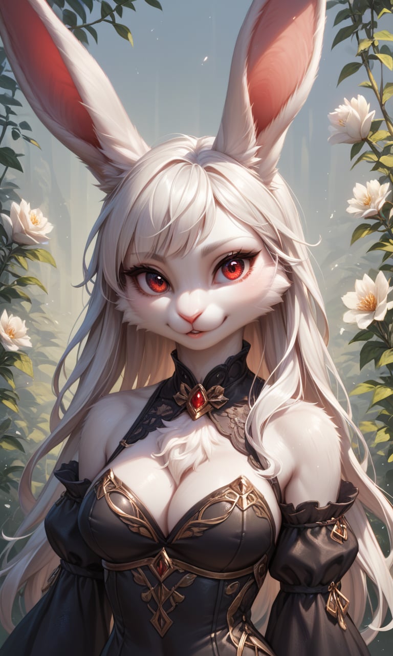 score_9, score_8_up, score_7_up, score_6_up, score_5_up, score_4_up, source_furry,BREAK,detailed face eyes and fur, 1girl, solo, rabbit girl, clothed, body fur, white rabbit, white fur, detailed fluffy fur, looking at viewer, red eyes, black dress, upper body