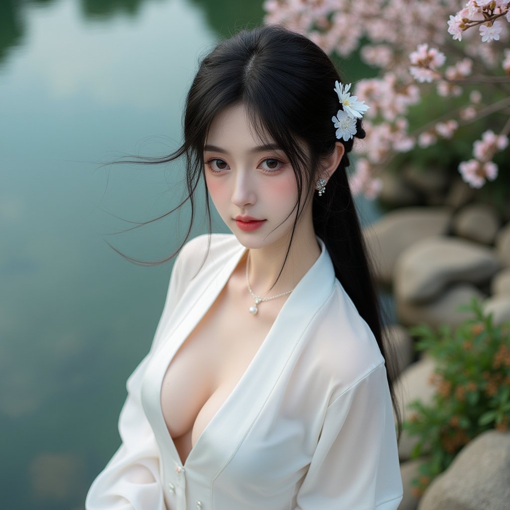 best quality,masterpiece,highres,seductive,1girl,hair ornaments,tyndall effect,photorealistic,8k uhd,high quality,Photograph,high resolution,looking at viewer,RAW,large breasts,cleavage,black hair,floating hair,sexy white cheongsam,elegant,chinese style,standing,outdoors,rock,lake,tree,flower,bush,beauty_face,large breasts, round breasts, from above