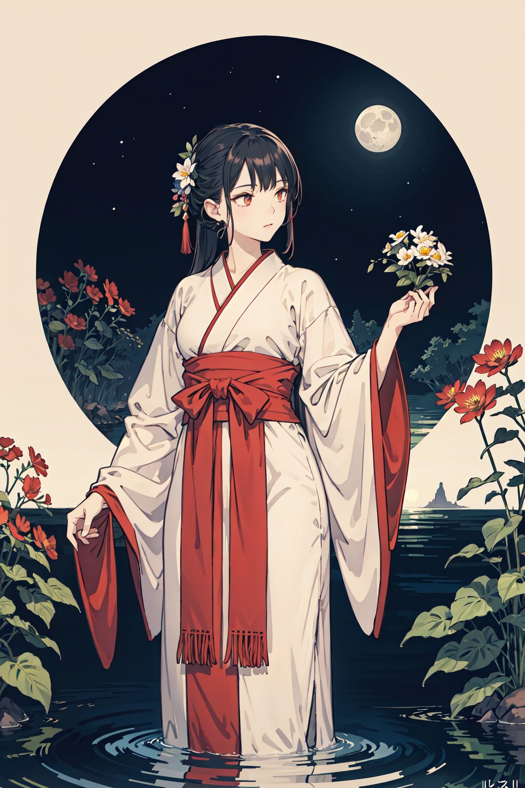 best quality,oriental_detailed background,girl,detailed_hand,flower, night, moon,reflect_water, 