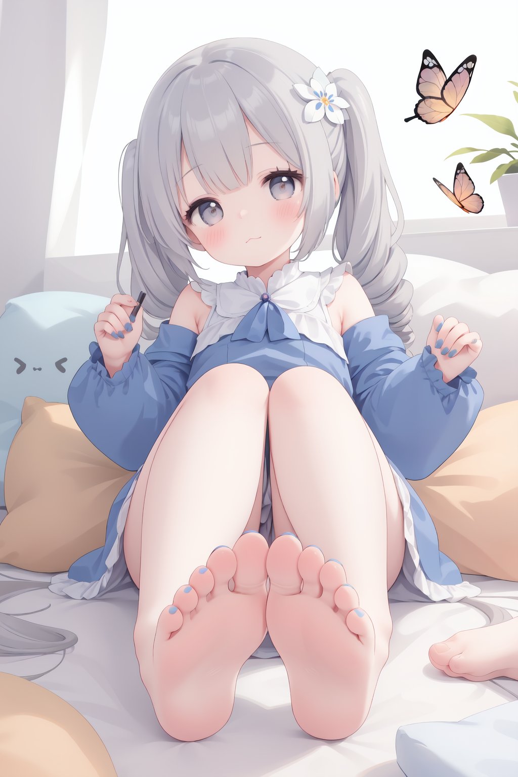 1girl,solo,foot focus,hair ornament,soles,toes,butterfly,feet,no shoes,nail polish,foreshortening,blush,bangs,bug,looking at viewer,gray hair,toeless legwear,toenails,twintails,hair flower,toenail polish,long sleeves,dress,closed mouth,blue nails,