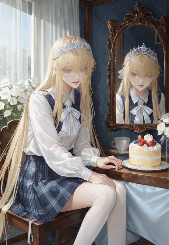 (best quality), ((masterpiece)), (highres), illustration, original, extremely detailed,   <lora:邪恶美学:0.7>1girl, solo, sitting, long hair, blonde hair, skirt, school uniform, food, flower, cake, long sleeves, white ribbon, tiara, very long hair, ribbon, pleated skirt, curtains, mirror, white flower, shirt, hair ribbon, plaid, indoors