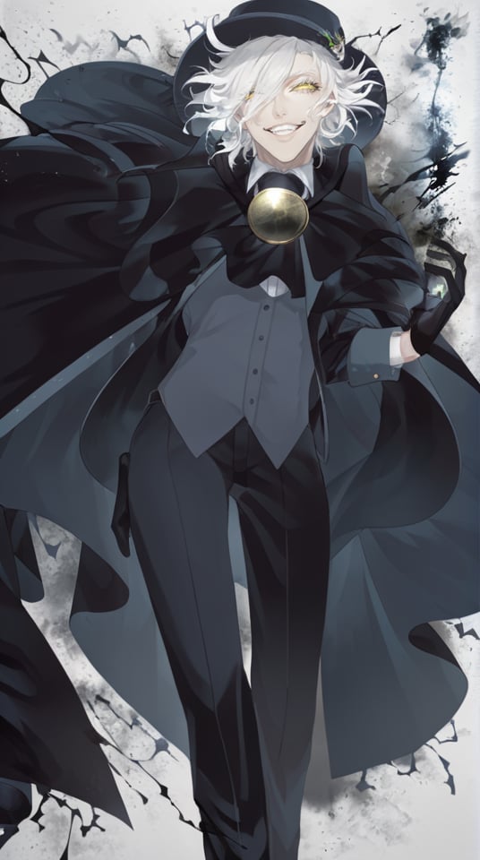 (best quality), ((masterpiece)), (highres), illustration, original, extremely detailed,   <lora:邪恶美学:0.7>solo, 1boy, male focus, hat, smile, gloves, shirt, edmond dantes \(fate\), pants, looking at viewer, grin, yellow eyes, black pants, black gloves, white shirt, white hair, long sleeves, cape, black headwear, black cape, collared shirt, jacket, formal, aura, teeth, hair between eyes, black jacket, medium hair, bangs