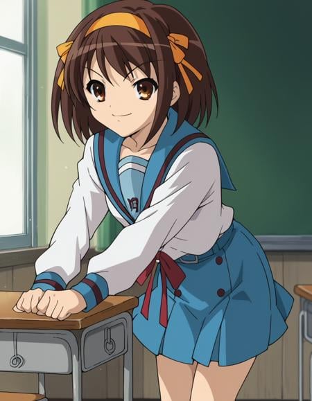 score_9, score_8_up, score_7_up, source_anime,haruhisuzumiya,  <lora:haruhi-suzumiya-s1-ponyxl-lora-nochekaiser:1>,haruhi suzumiya, short hair, brown hair, brown eyes, hairband, medium hair, ribbon, hair ribbon,skirt, long sleeves, school uniform, serafuku, sailor collar, blue skirt, blue sailor collar, winter uniform, kita high school uniform,indoors, classroom, bent over, smile,looking at viewer, cowboy shot, solo,