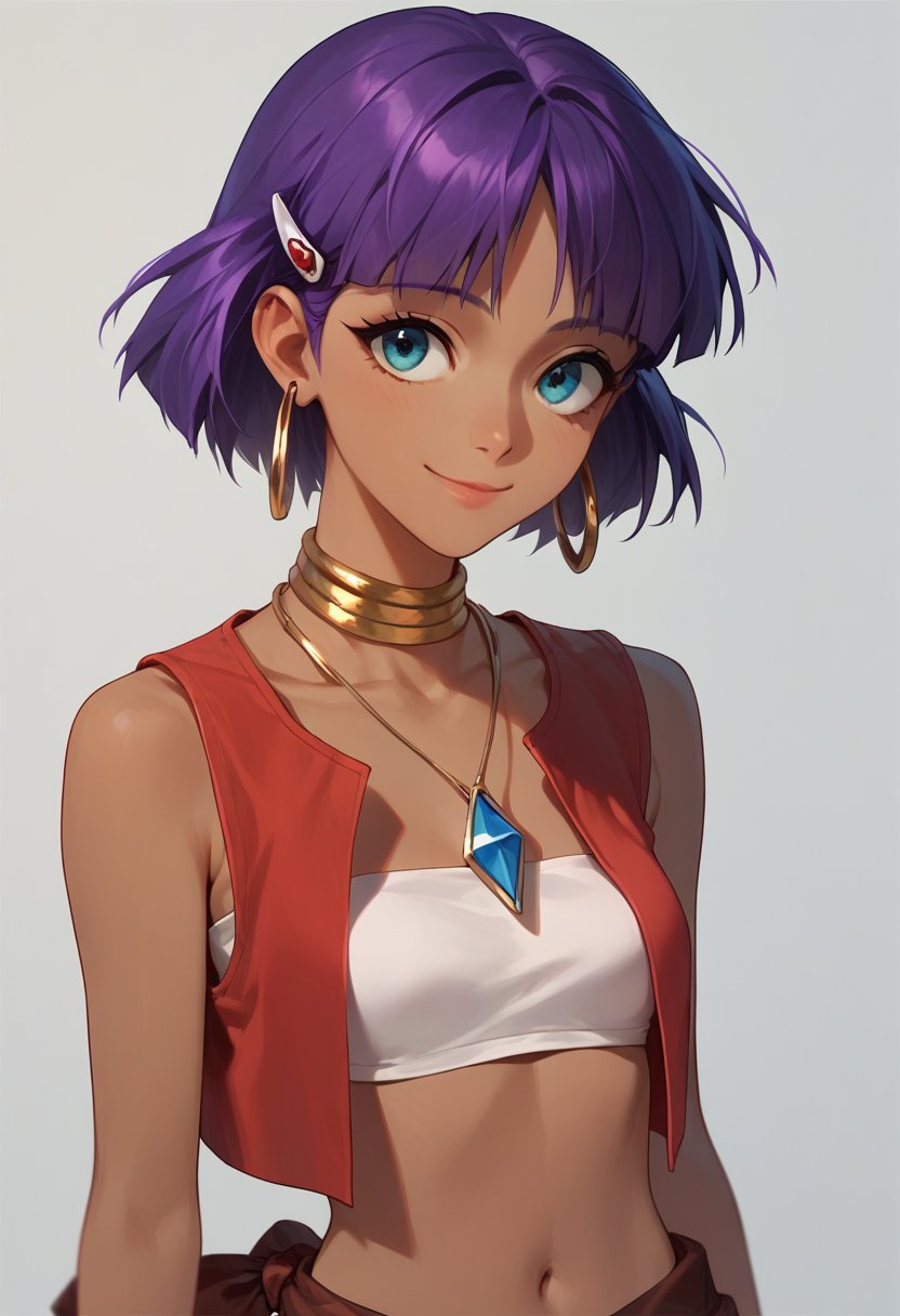 1girl,solo, nadia la arwall,purple hair,  dark-skinned female,red  loincloth,jewelry,bandeau,purple hair,hairclip,red  vest,necklace,smile,strapless,   upper body <lora:nadiaLoCon-step00000500:0.9>, source_anime, score_9, score_8_up, score_7_up, highly detailed, clear line