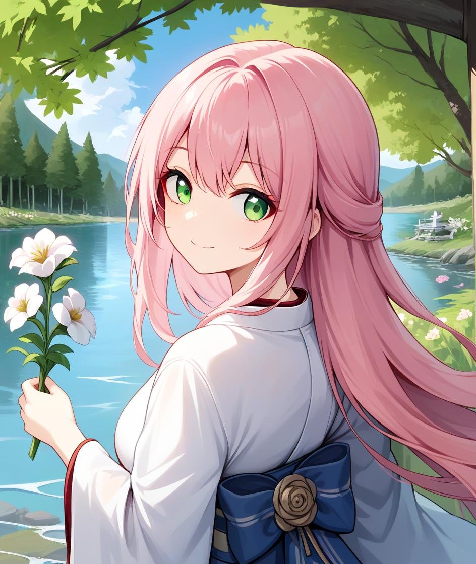 1girl, score_9, flower, long hair, tree, water, white kimono, outdoors, green eyes, scenery, lake, pink hair, long hair, smile, sky, looking back, upper body,  holding flower, 