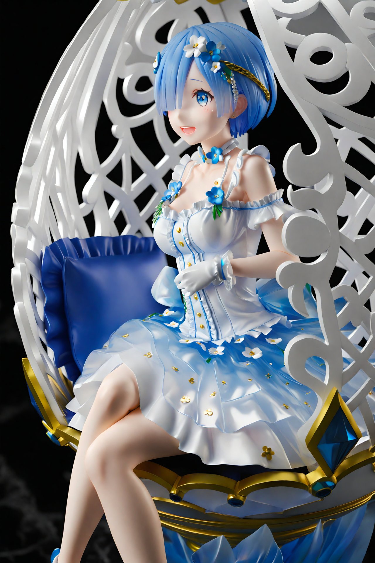 masterpiece,Realism,best quality,PVC Style, 1girl, rem \(re:zero\), blue hair, short hair, blue eyes, solo, flower, hair ornament, gloves, dress, hair over one eye, sitting, hair flower, white gloves, breasts, smile, white flower, frills, medium breasts, open mouth, collarbone, black background, bare shoulders, choker, looking at viewer, alternate costume, bow, frilled dress, blue flower, ribbon, pillow, blue dress,  <lora:HANS-PVC22-000021:1>