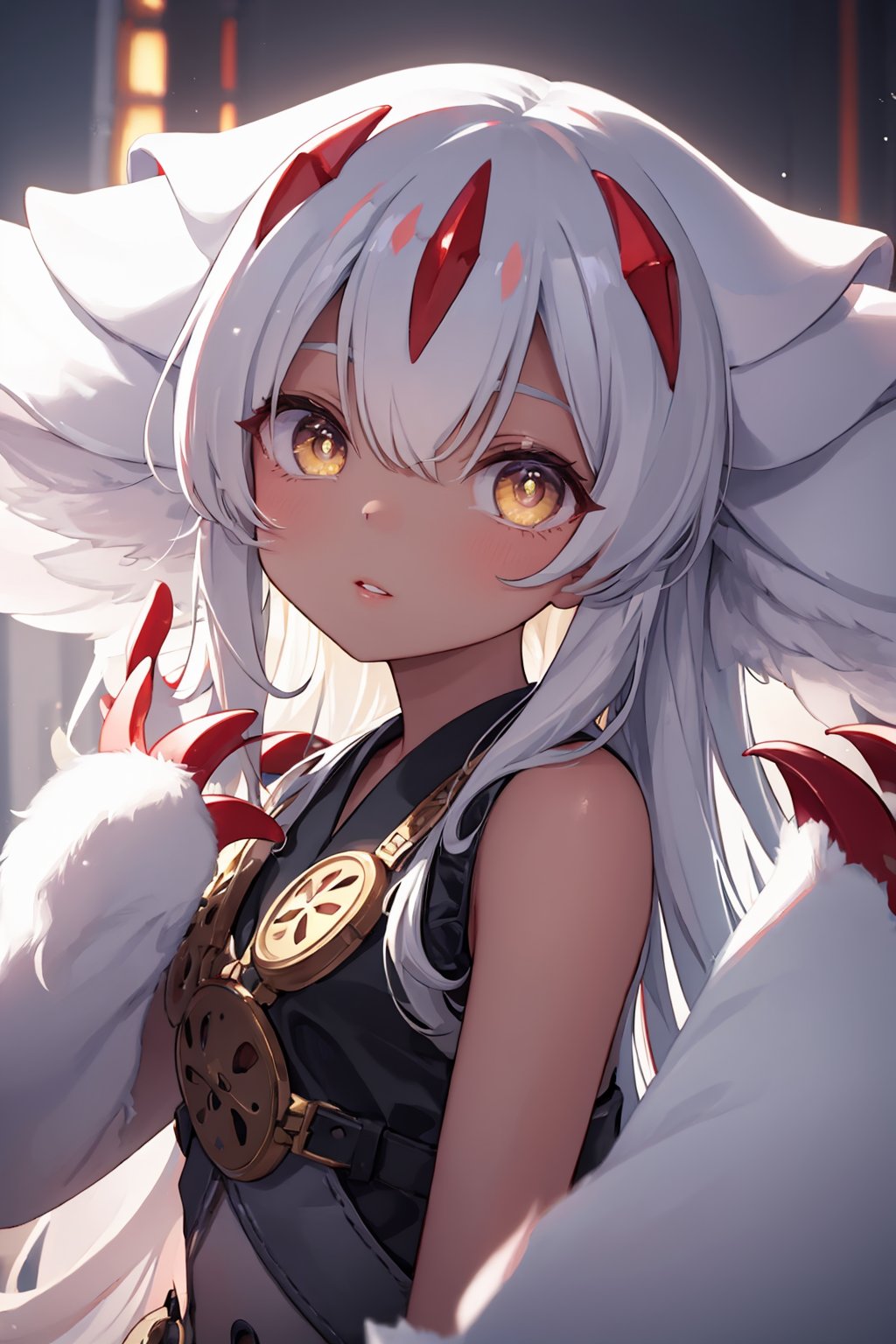 masterpiece,best quality, highly detailed, 1girl,claws,extra arms,faputa,fewer digits,looking at viewer,solo,white fur,parted lips,upper body,white pupils,<lora:faputa:1>