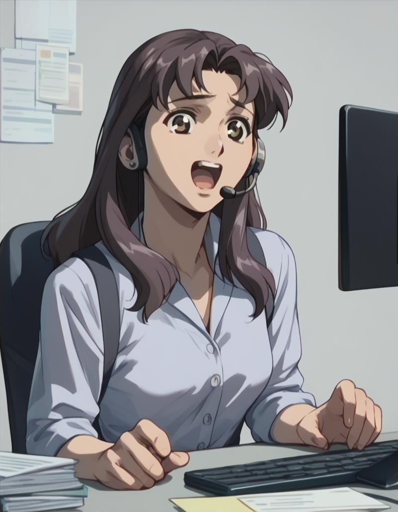 score_9, score_8_up, score_7_up, score_6_up, score_5_up, score_4_up, <lora:tomoko-ponyxl:0.9> 1girl, solo, tomoko, (purple hair:0.5), office lady, headset, talking, open mouth, excited, computer