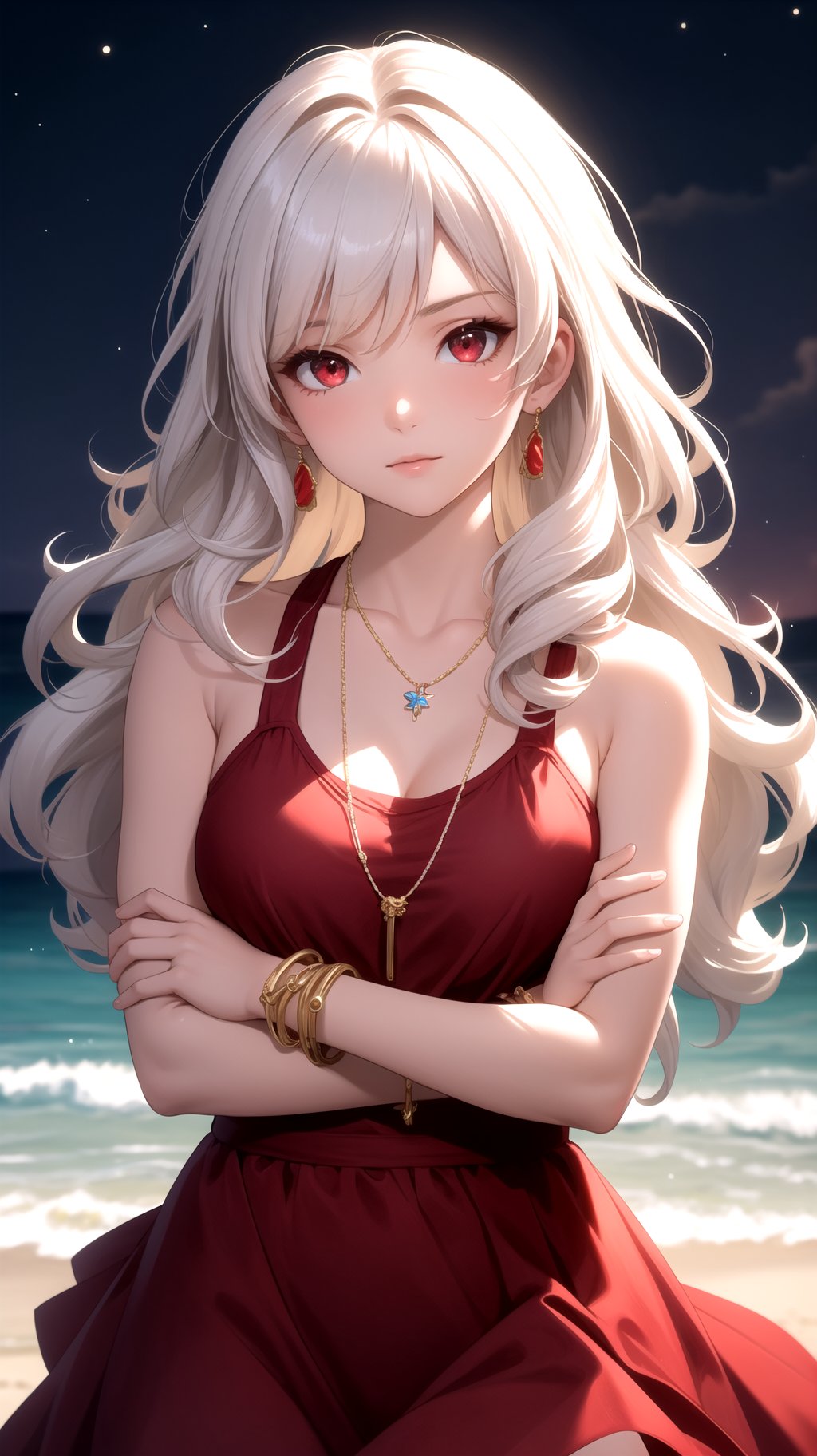 (masterpiece, best quality), 1girl, ((extremely detailed)), long hair, curly hair, white hair, colorful hair, red eyes, bracelets, necklaces, beautiful red dress, close to viewer, close up to face, beautiful face, dark sky, night, beach, crossed arms