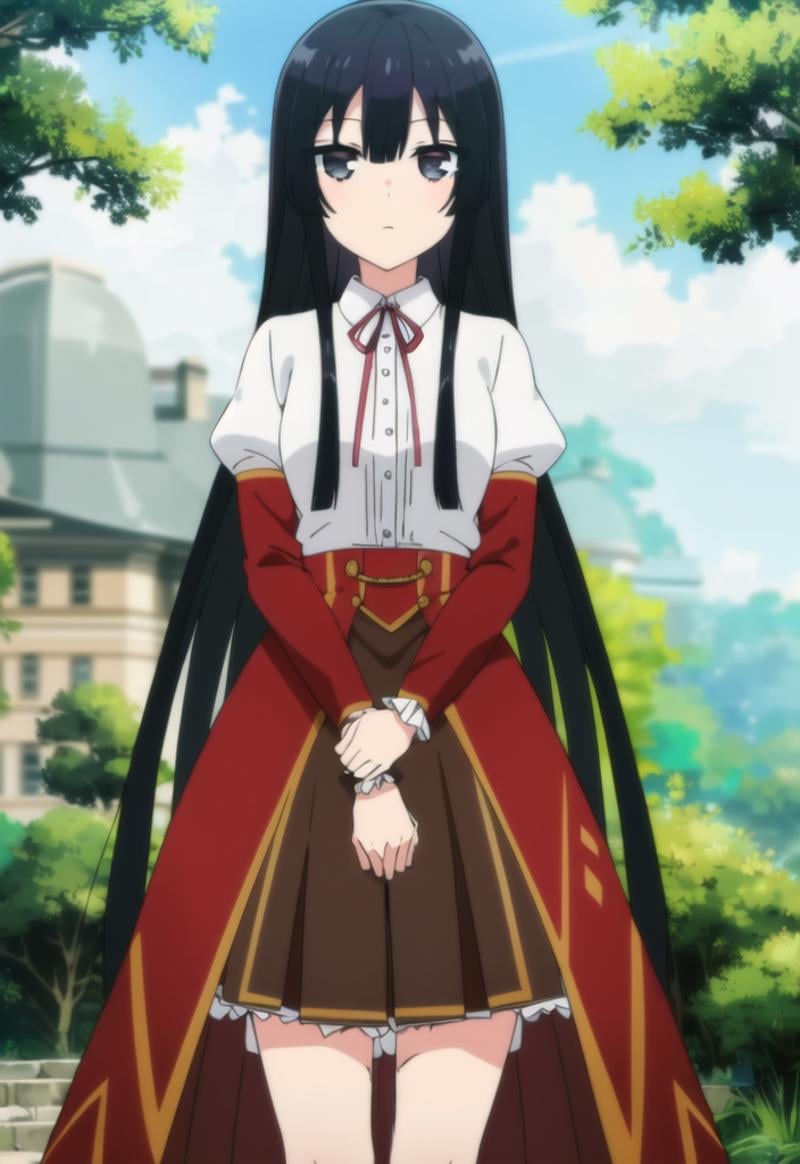 best quality, masterpiece, extremely detailed, 1girl,solo,<lora:YumiellaDolkness-v1:0.7>,(yumielladolkness,black_hair,long_hair,straight_hair,black_eyes,:1.2),(white_blouse,ribbontie,red_skirt,layered_skirt,:1.0),