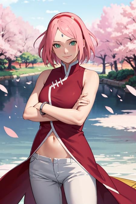 masterpiece, absurdres ,1girl, haruno sakura,forehead mark, red hairband, red sleeveless dress, white pants,navel,   groin,   bracelet, looking at viewer, crossed arms, smile, cherry blossoms, wind, floating hair,  <lora:Sakura[Boruto]V2:0.7> 