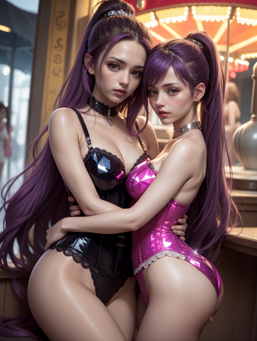 8k, masterpiece, highly detailed, high quality,2girls wearing a pink (crystalline lingerie), <lora:crystalline_dress-SD-2.0:0.8>purple hair Ponytail,orange eyes,medium breasts,carnival carousel,hug, looking at viewer, corset