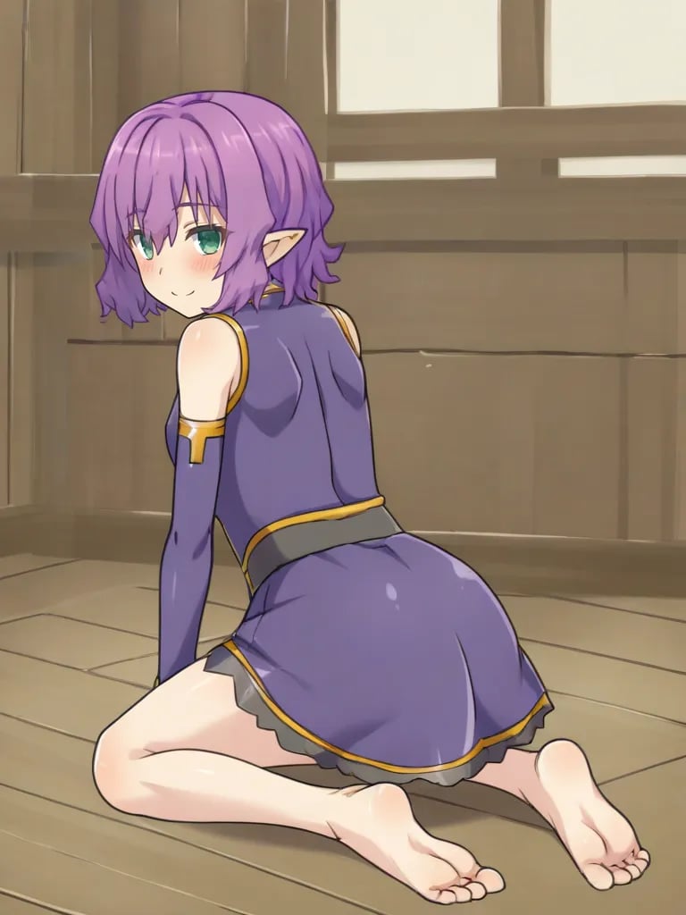 <lora:noelgmeister2pony:1>1girl, solo, noelgm2, purple hair, short hair, green eyes, pointy ears,  dress, detached sleeves, kneeling, bare legs, looking at viewer, floor, from behind, indoors, wooden house, blush, smile