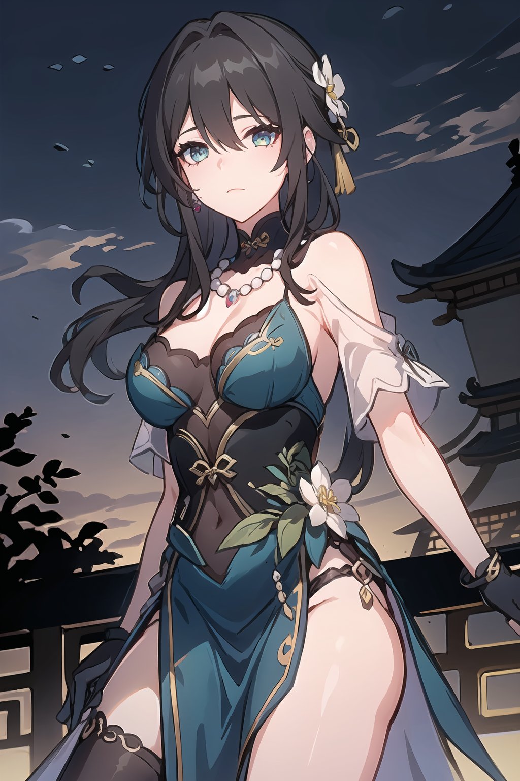 masterpiece,best quality,detialed,ruanmei,ruanmei_official,chinese dress,breasts,long hair,hair between eyes,black hair,bangs,medium breasts,cleavage,hair ornament,thigh strap,white flower,beads,gloves,jewelry,flower,dress,earrings,bare shoulders,blue dress,hair intakes,ruby necklace,black choker,green eyes,blue eyes,<lora:阮梅-0.8-逐辰十七:0.8>,1girl,fences,limited palette,Grimace.,bust,sunset,skyline,