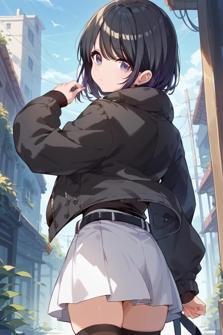 score_9, score_8_up, score_7_up, score_6_up,<lora:Takao_Toka:0.9> takao, 1girl, solo, black hair, jacket, skirt, looking at viewer, short hair, black jacket, thighhighs, belt, bangs, black thighhighs, white skirt, long sleeves, stadef