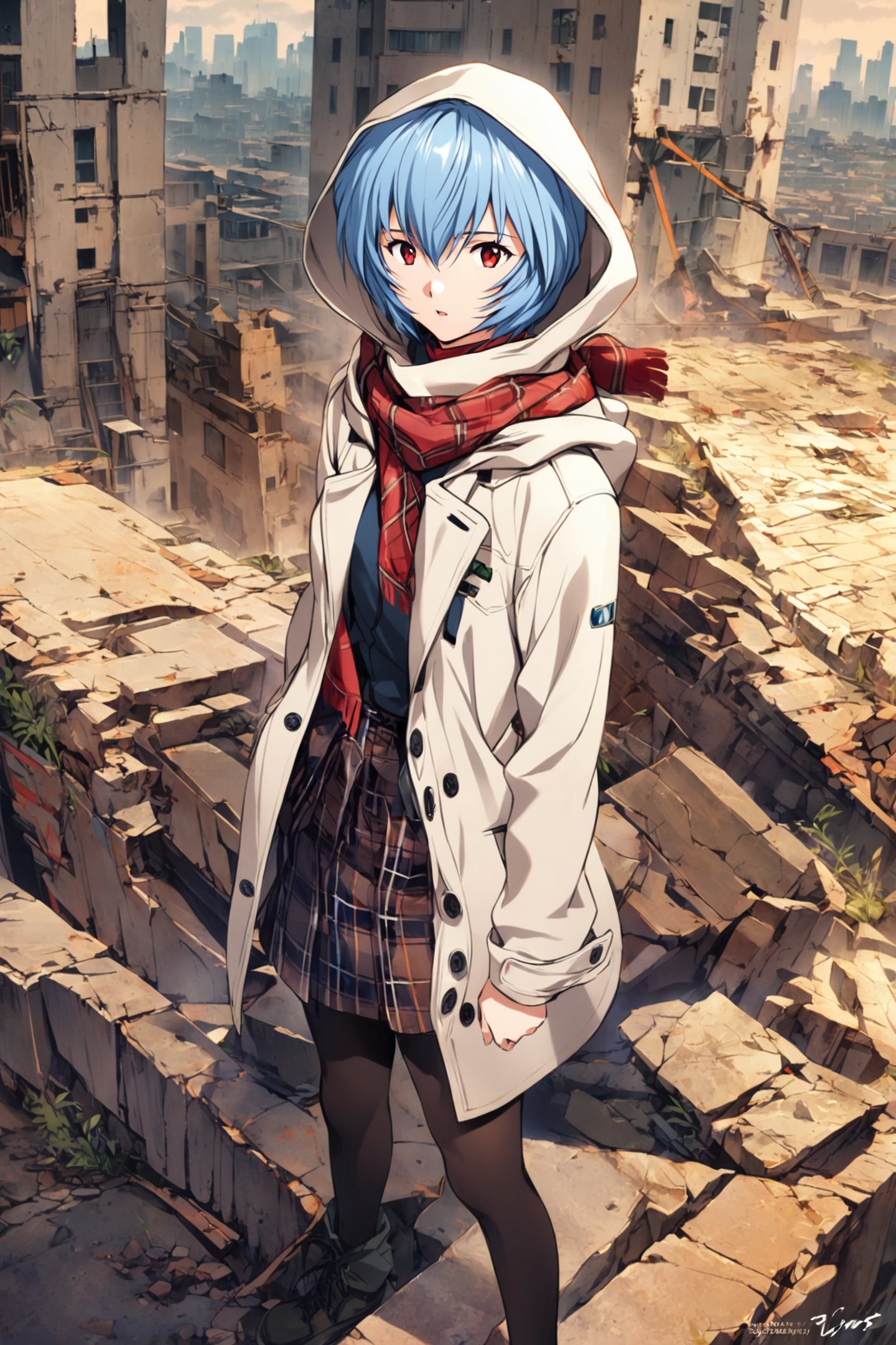 1girl,solo,ayanami rei,ruins,blue hair,coat,red eyes,skirt,plaid,hood,short hair,pantyhose,standing,plaid skirt,hood up,white coat,outdoors,building,looking at viewer,signature,long sleeves,scarf,hair between eyes,hooded coat,bangs,city,open coat,parted lips,<lora:Sadamoto Yoshiyuki_XL_V3:0.8>,