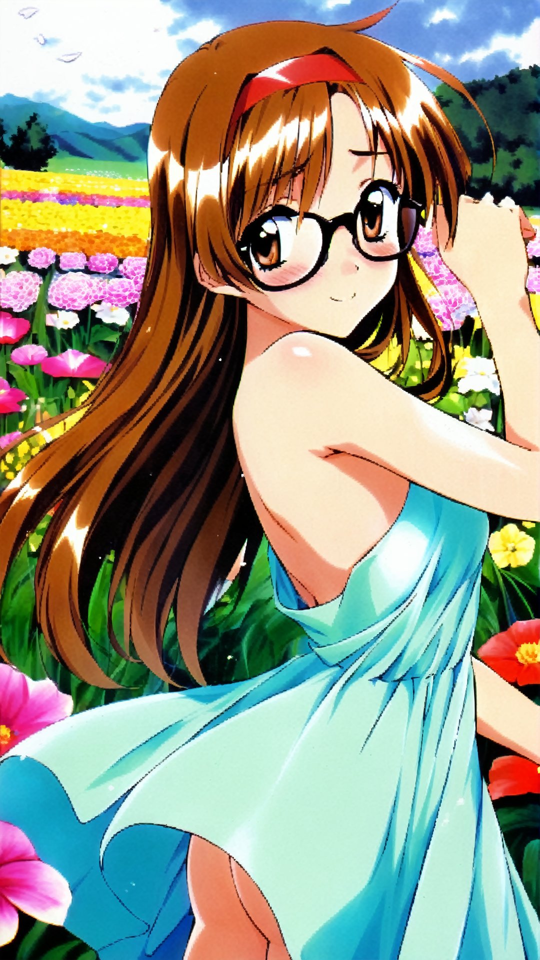 Hosaka Miyuki, Brown Hair, Hair Beads, Headband, Long Hair, Brown Eyes, ((Glasses)),summer dress, (nsfw), (uncensored), (score_9), score_8_up, score_7_up, score_6_up, score_5_up, source_anime, cowboy shot, dynamic pose, 1 girl, solo, happy smile joy, blush, ashamed, shy, sexy, charming, alluring, seductive, enchanting, erotic,((outdoors)), ((flower garden)), ((flowers)), ((many flowers)), spring petals, petals of flowers, spring, falling petals, flying butterflies<lora:EMS-381990-EMS:0.800000>