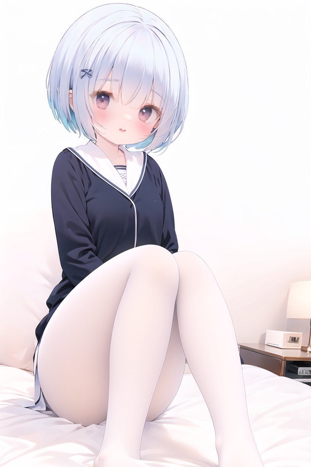 rem sitting on bed,legs raised,white stockings,bedroom background,<lora:kl-鬼针草V09:0.8>,