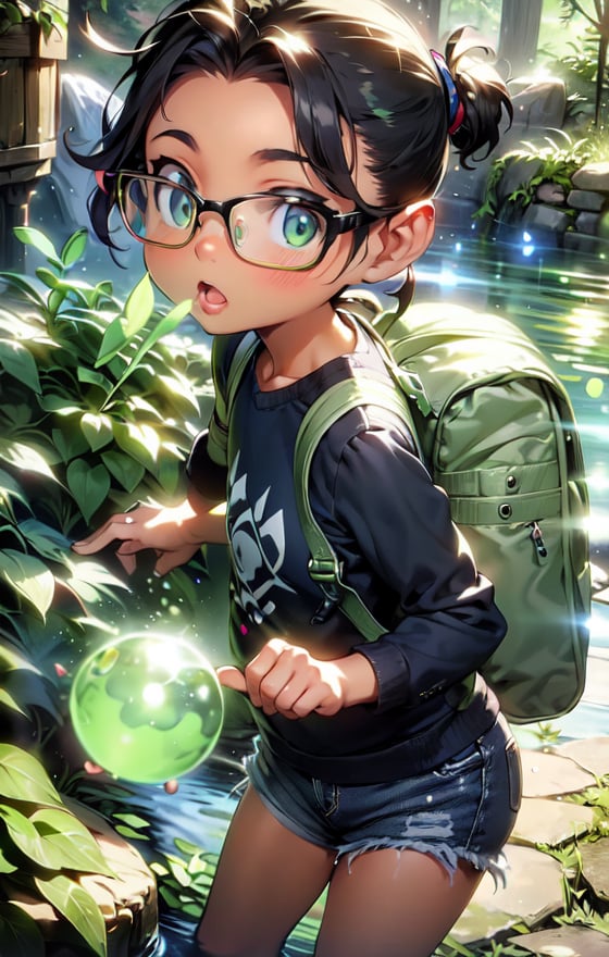 masterpiece, best quality,1girl, solo, female focus, looking at viewer, facing viewer, dynamic pose, front view,<lora:CappyHehe_COLAB-10_RETRAIN:0.95> cappyhehe, glasses, black shirt, black-framed eyewear, hairclip, long sleeves,  backpack, glowing eyes, green eyes,  <lora:NatureMagic:1.0> naturemagic, magical energy, fantasy,